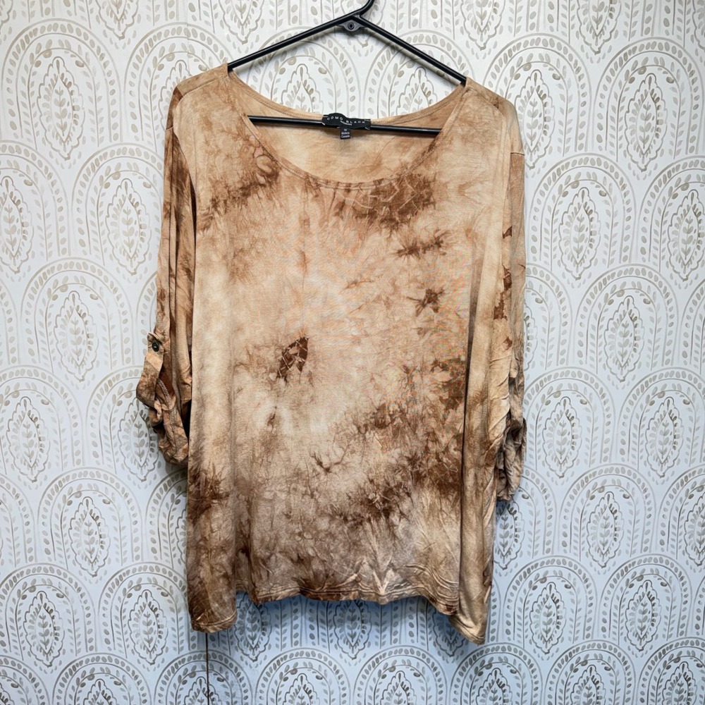 Como Black Top Womens 3X Tan Brown Tie Dye Roll Tab Sleeve Scoop Neck